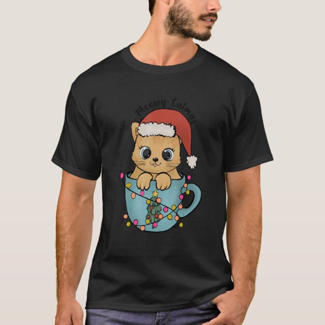 Christmas Meowy Catmas Tree Lights Cat     Xmas Gi T-Shirt (Front)
