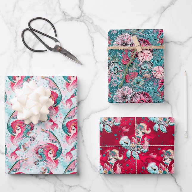 Christmas Mermaid & Friends Wrapping Paper Sheet (Front)