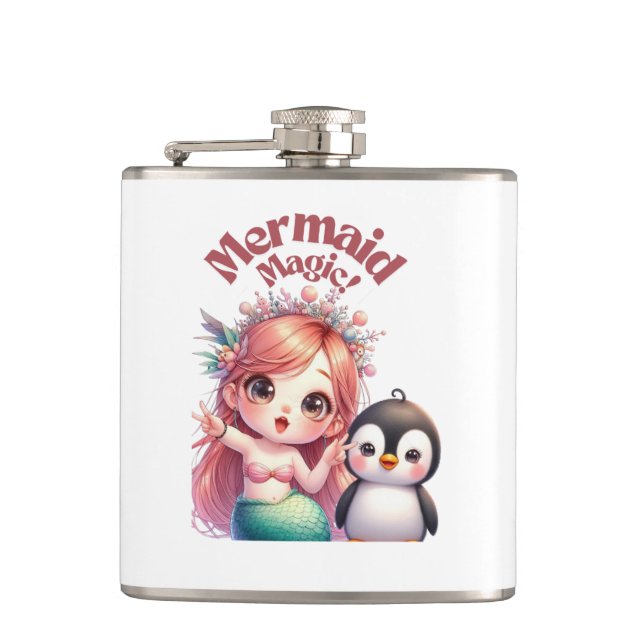 Christmas Mermaid Magic Card with Penguin Fun Hip Flask (Front)