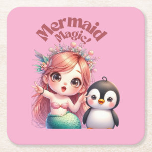 Christmas Mermaid Magic Card with Penguin Fun Square Paper Coaster