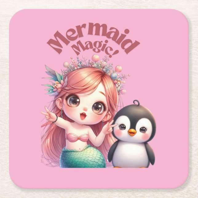 Christmas Mermaid Magic Card with Penguin Fun Square Paper Coaster (Front)