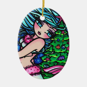 Christmas Mermaid Merry Mindy Art by Hannah Lynn Ceramic Tree Decoration