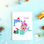 Christmas Mermaid Opening Up Gifts<br><div class="desc">Cute Christmas sticker of Mermaid opening up her gift with Sea Turtle and Dolphin. You can add your child's name to the sticker.</div>
