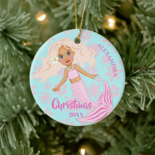 Christmas Mermaid Pink Snowflakes Photo Ceramic Tree Decoration