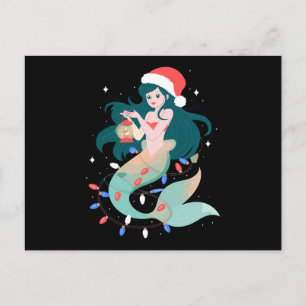 Christmas Mermaid Santa Hat Lantern Lights Xmas Holiday Postcard