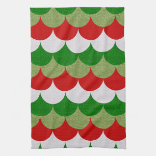 Christmas Mermaid Scales Sparkle Holiday Pattern Tea Towel