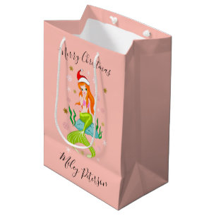 Christmas mermaid & snowflakes gold personalised medium gift bag