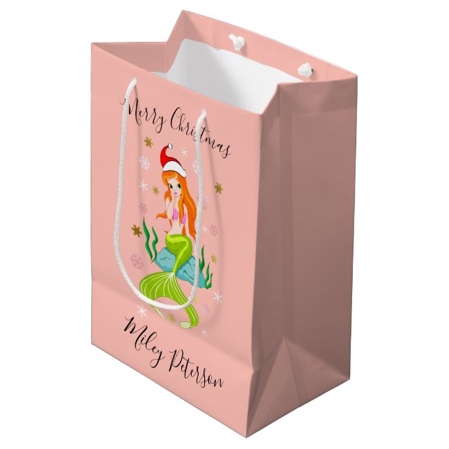 Christmas mermaid & snowflakes gold personalised medium gift bag (Front Angled)