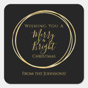 Christmas Merry and Bright Black Gold Family Square Sticker