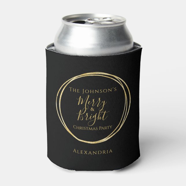 Christmas Merry and Bright Black Gold Personalised Can Cooler (Can Front)