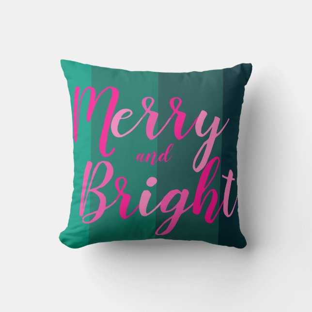 Christmas Merry and Bright Green Pink Cushion (Front)