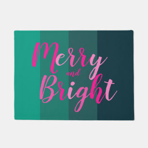 Christmas Merry and Bright Green Pink Doormat