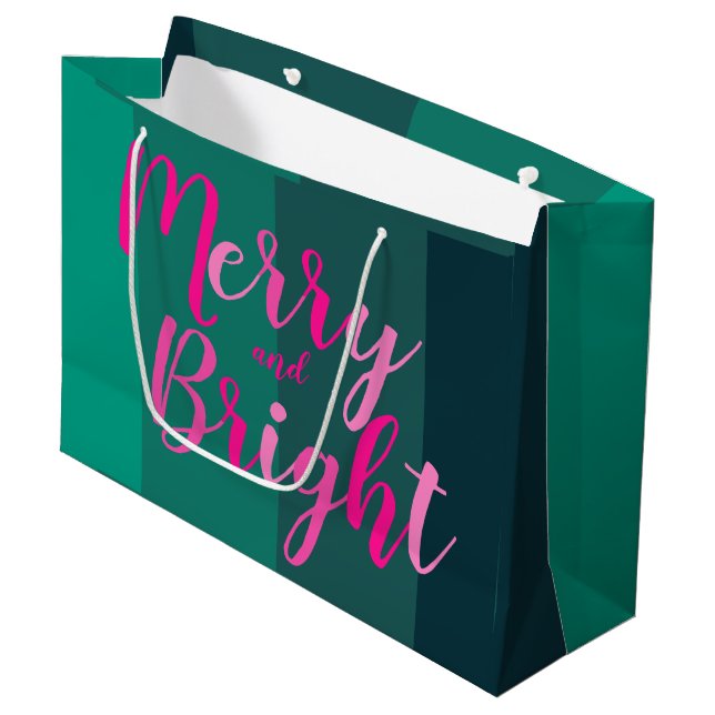 Christmas Merry and Bright Green Pink Large Gift Bag (Front Angled)