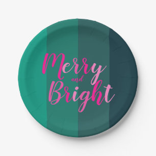 Christmas Merry and Bright Green Pink Party Paper Plate