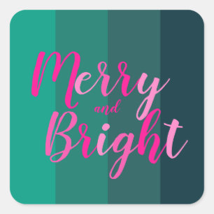 Christmas Merry and Bright Green Pink Square Sticker