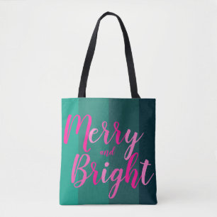 Christmas Merry and Bright Green Pink Tote Bag