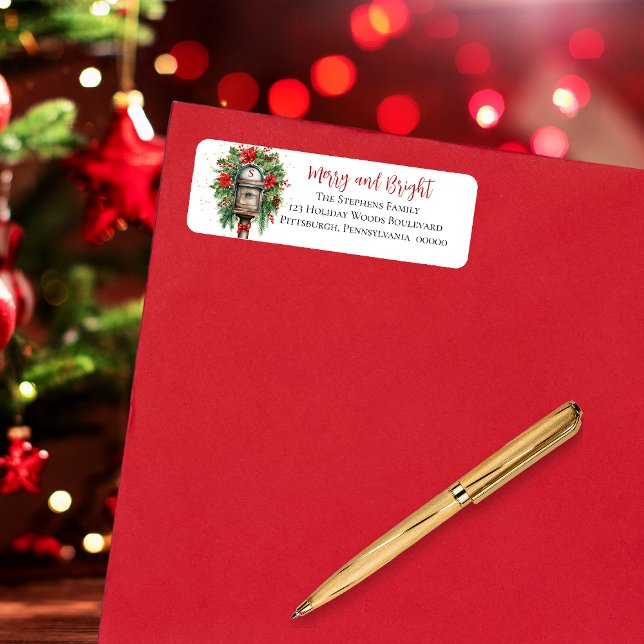 Christmas Merry and Bright Mailbox Floral Monogram (Elegant Christmas "Merry and Bright" Mailbox Poinsettia Floral Return Address Label)