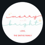 Christmas Merry and Bright pink red Classic Round Sticker<br><div class="desc">Christmas Merry and Bright pink red</div>