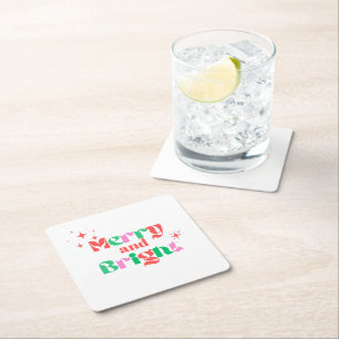 Christmas merry and bright red green modern font square paper coaster