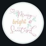 Christmas Merry Bright and Sanitised Classic Round Sticker<br><div class="desc">Light hearted adaption of Merry & Bright Christmas saying for the coronavirus season. This elegant and minimalist typography design reads "Merry Bright & Sanitised" and is decorated with festive holly,  love hearts and a shining star in red green and gold.</div>