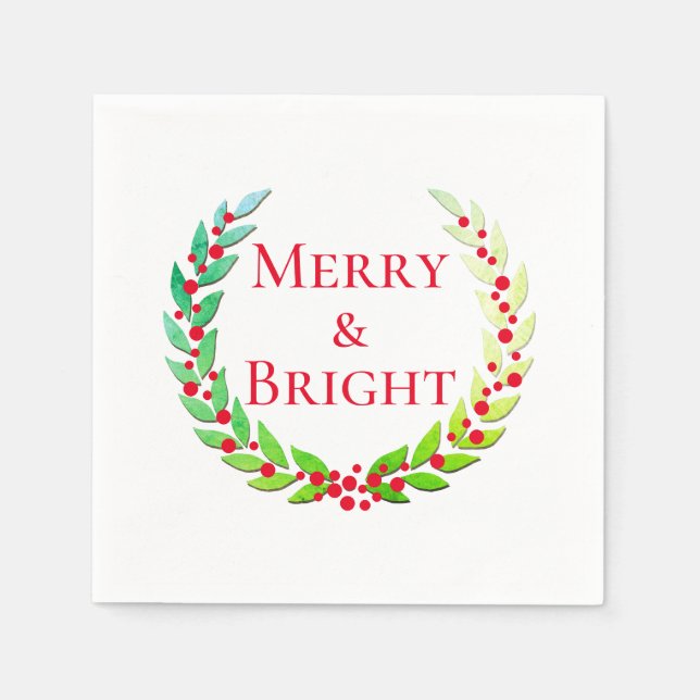 Christmas Merry & Bright Laurel Wreath Red Berries Napkin (Front)