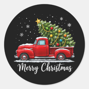 Christmas Merry Christmas Red Truck Tree Men Women Classic Round Sticker