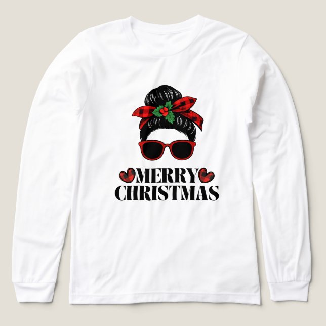 Christmas messy-bun mom design Tri-Blend shirt (Design Front)
