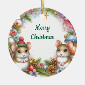 Christmas Mice and Mushrooms Whimsical  Ceramic Tree Decoration