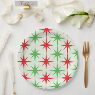 Christmas Mid Century Red Green Atomic Starbursts  Paper Plate