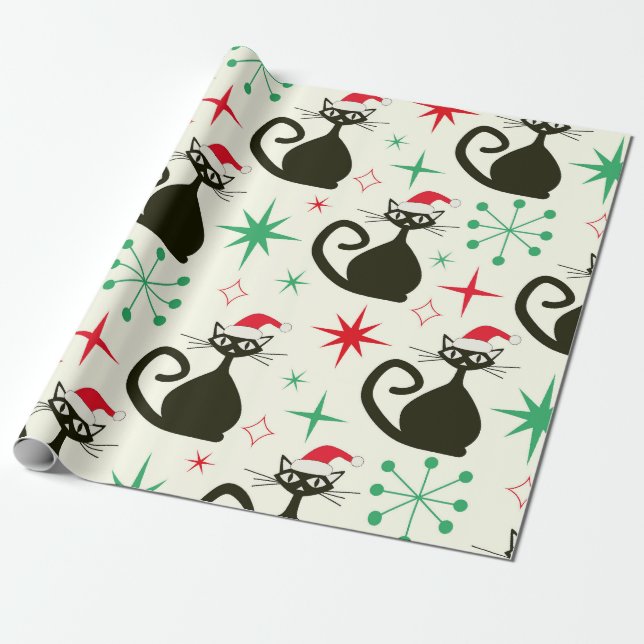 Christmas Mid Century Retro Atomic Cats  Wrapping Paper (Unrolled)