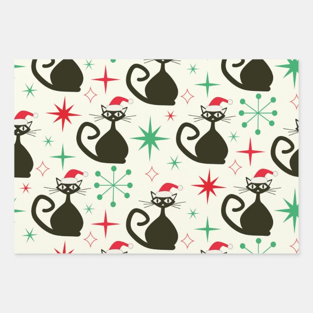 Christmas Mid Century Retro Atomic Cats  Wrapping Paper Sheet (Front)