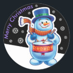 Christmas midnight round sticker Snowman drummer.<br><div class="desc">Christmas midnight round sticker Snowman drummer. and other Snowfolk. Winter Wonderland snowmen. Loveable wintery snowmen and snowgirl characters playing their instruments in a Christmas band. Also check out the matching loveable wintery characters with skating penguins, sledging snowgirls, skiing snowmen and skating snowmen : ) A lovely illustrated original sticker to...</div>