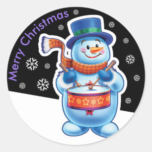Christmas midnight round sticker Snowman drummer.