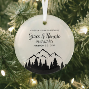 Christmas Minimal PineTree Mountain Couple Engaged Glass Tree Decoration