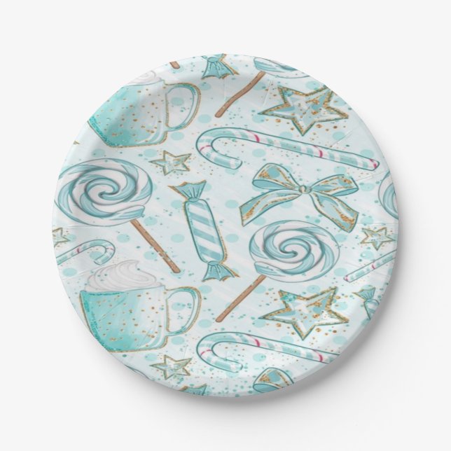 Christmas Mint and Gold Hot Cocoa Candy Paper Plate (Front)