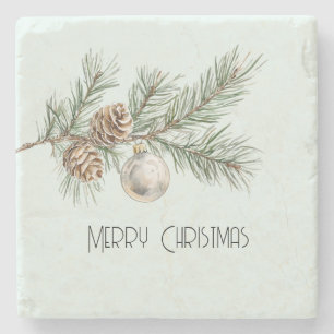 Christmas Mint Pine Cones Branch Ornament Stone Coaster