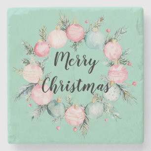 Christmas Mint Pink Ornament Wreath  Stone Coaster