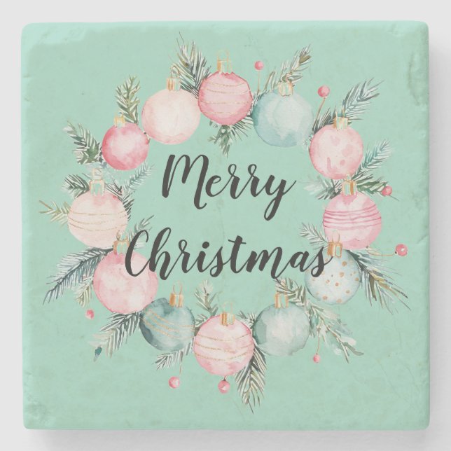 Christmas Mint Pink Ornament Wreath  Stone Coaster (Front)