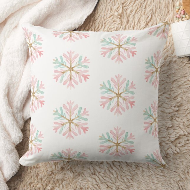 Christmas Mint Pink Snowflakes on White Cushion (Blanket)