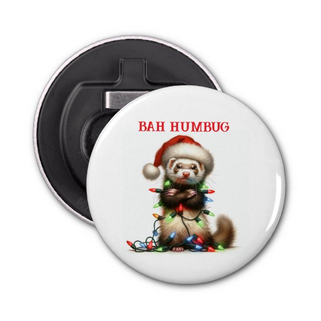 Christmas Mischief Ferret in Christmas Lights Bottle Opener (Front)