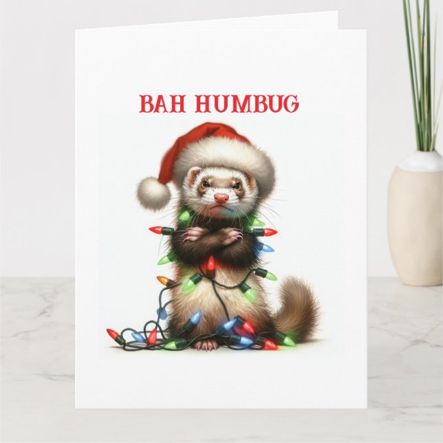 Christmas Mischief Ferret in Christmas Lights Card (Front)