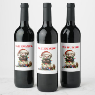Christmas Mischief Ferret in Christmas Lights Wine Label
