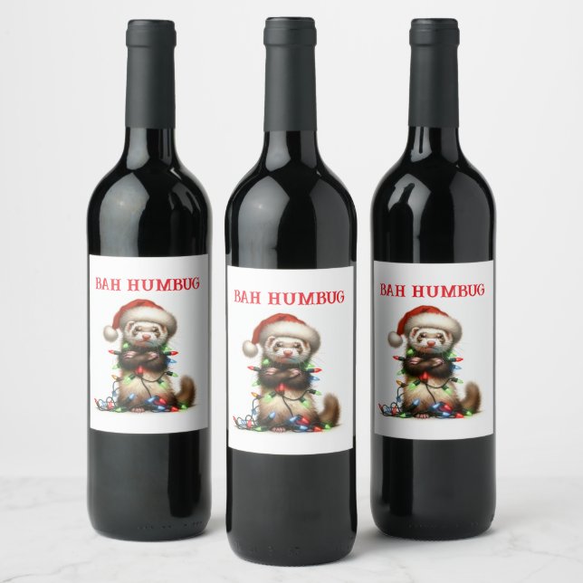 Christmas Mischief Ferret in Christmas Lights Wine Label (Bottles)