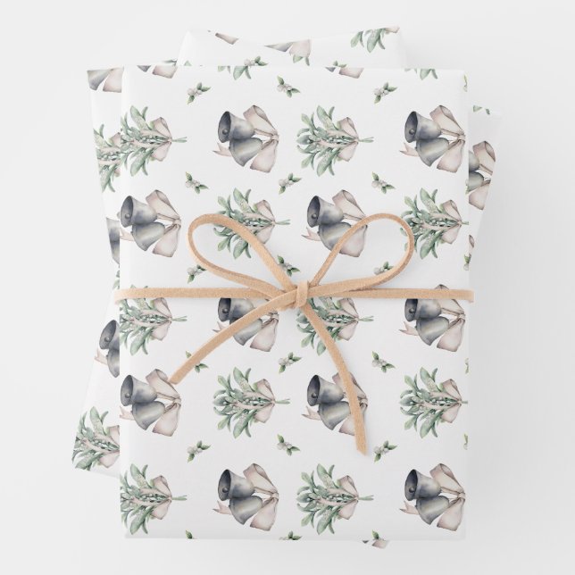Christmas Mistletoe and Silver Bells Wrapping Paper Sheet (In situ)