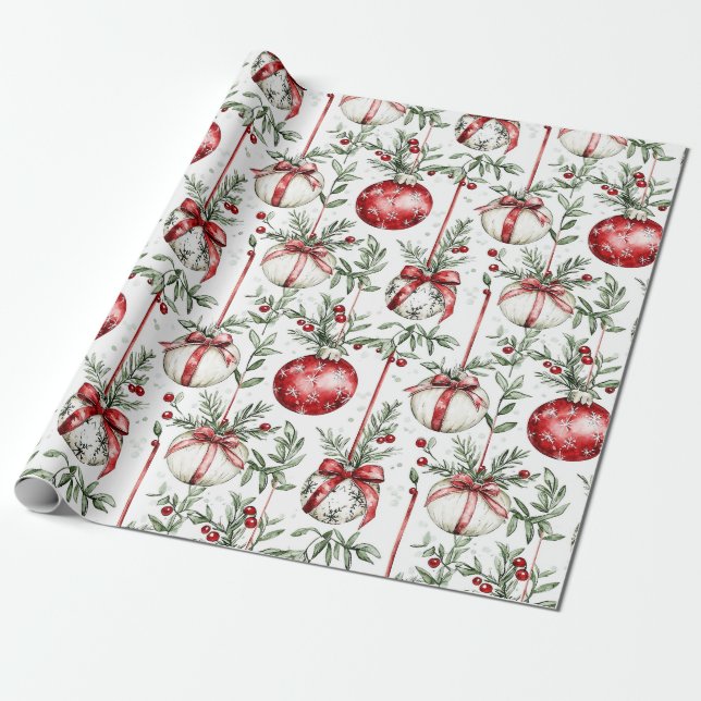 Christmas Mistletoe Bauble Greenery Wrapping Paper (Unrolled)