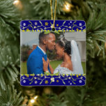 Christmas mistletoe blue photo ornament<br><div class="desc">Mistletoe and flowers Christmas add your own special photo. Celebrate your family or the happy couple this Christmas with this mistletoe design in blue and green add your own special photo ornament. Perfect to remember your loved ones who can't be together this Christmas. Uniquely designed by Sarah Trett for www.mylittleeden.com...</div>