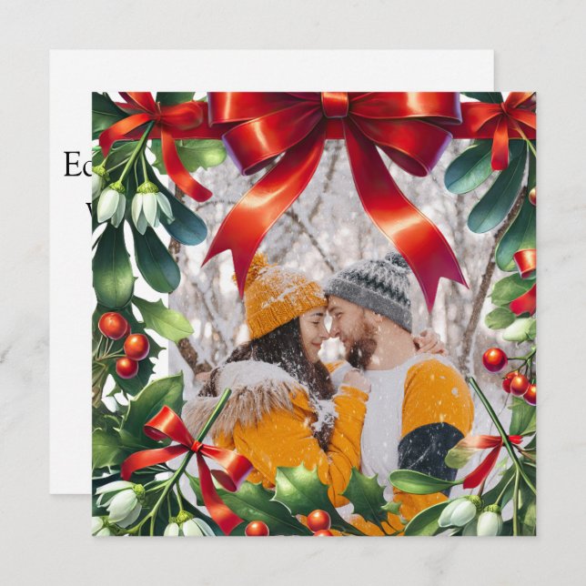 Christmas mistletoe border with red bow holiday card (Front/Back)