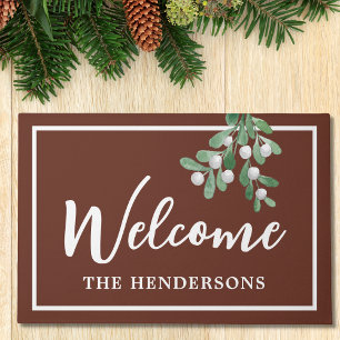 Christmas Mistletoe Brown Welcome Doormat
