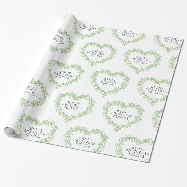 Christmas mistletoe drawing heart green white wrapping paper (Unrolled)