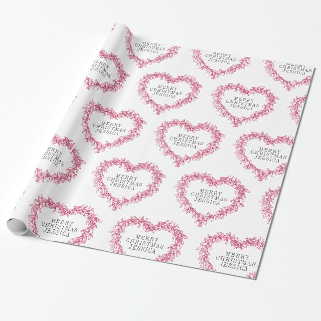 Christmas mistletoe drawing heart white red wrapping paper (Unrolled)